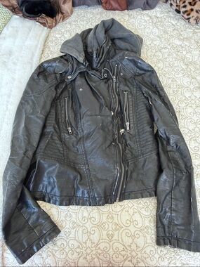 Free People Black Faux Leather Hooded Moto Jacket